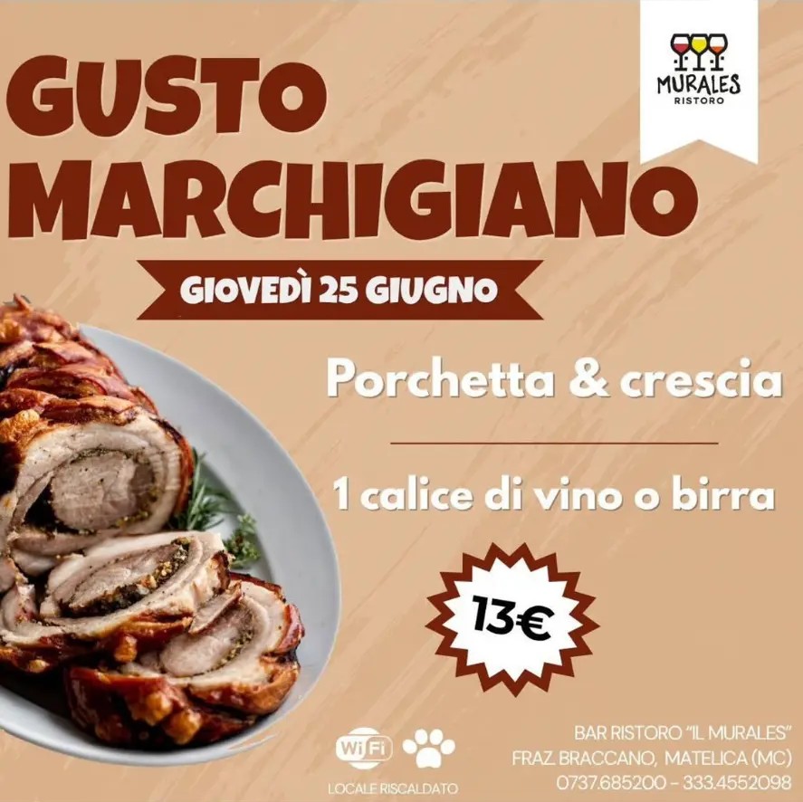 Locandina della serata gusto marchigiano con porchetta e crescia